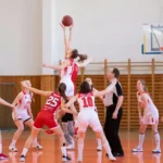 Two basketball teams competing against each other.